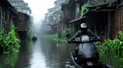 Obraz premium Rainy Day Scooter Ride Through Watery Village