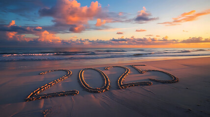 Happy new year 2025 concept, beach sunset with '2025' in sand, warm vibrant colors, empty shore