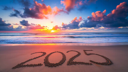 Happy new year 2025 concept, beach sunset with '2025' in sand, warm vibrant colors, empty shore