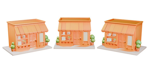 3d modeling shop building in cute style colored orange with some various rotate on transparent background. Perfect for online shop or marketplace graphic requirements. render building and architecture