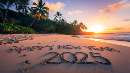 Happy new year 2025 concept, beach sunset with '2025' in sand, warm vibrant colors, empty shore