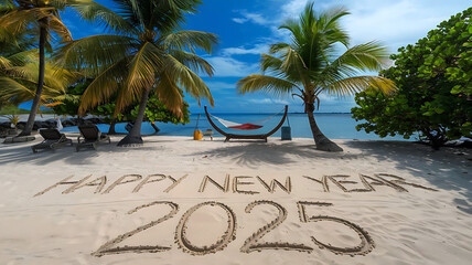 Happy new year 2025 concept, beach sunset with '2025' in sand, warm vibrant colors, empty shore