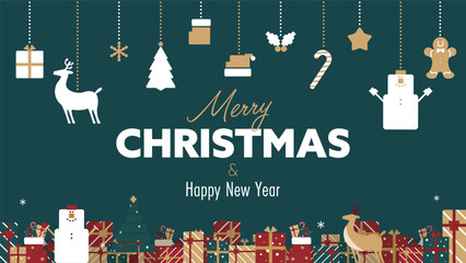 クリスマスオーナメントとプレゼントボックスで飾られたクリスマスの背景テンプレート（緑）　Christmas background template decorated with Christmas ornaments and gift boxes (green)