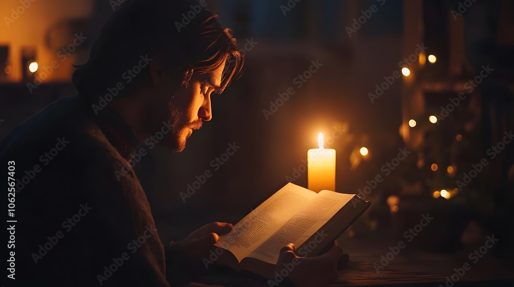 Poster lifestyle photo of a man reading a book by candlelight, the high contrast between light and shadow c