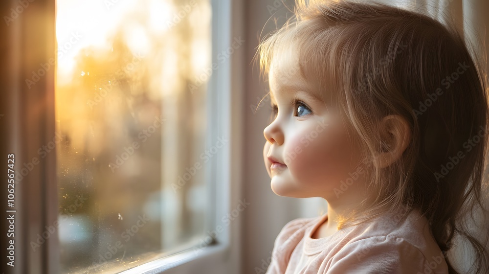 Poster Lifestyle photo of a child looking out a window with intense sunlight creating a strong contrast between light and shadow, adding depth to the scene, 4k resolution