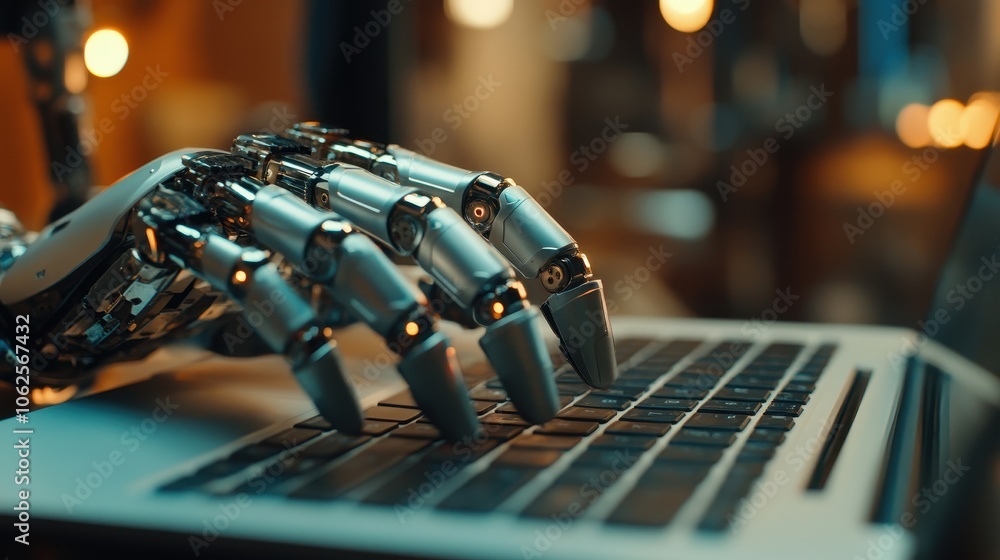 Aufkleber ai robot hands typing on a laptop keyboard, replacing humans by artificial intelligence at work