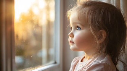 Lifestyle photo of a child looking out a window with intense sunlight creating a strong contrast between light and shadow, adding depth to the scene, 4k resolution