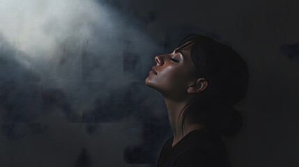 Fototapeta premium Lifestyle photo of a woman in a dark room with a single spotlight highlighting her profile, casting dramatic shadows, 4k resolution