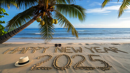Happy new year 2025 concept, beach sunset with '2025' in sand, warm vibrant colors, empty shore