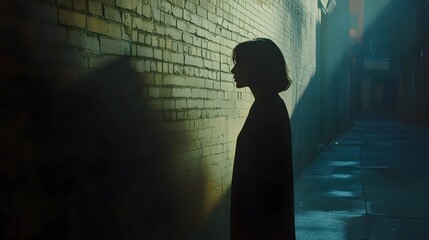 Lifestyle photo of a woman walking through a dark alley with a streetlamp casting sharp shadows around her, creating a suspenseful mood, 4k resolution