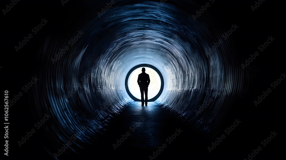 Poster Lifestyle photo of a person standing in a dark tunnel with a single light at the end, creating a high-contrast, suspenseful atmosphere, 4k resolution
