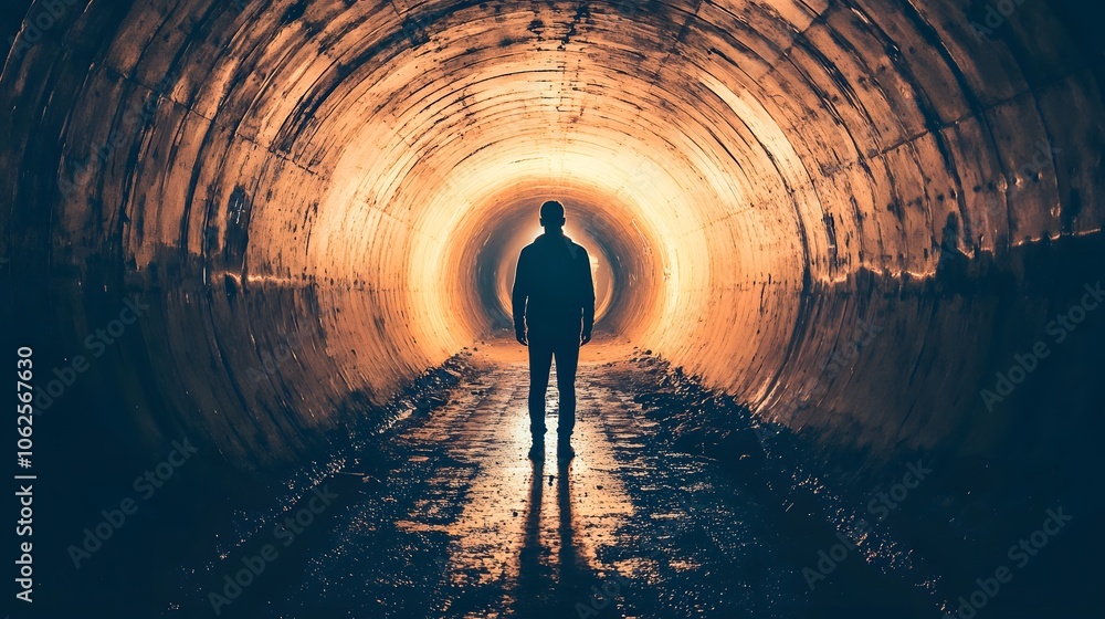 Poster lifestyle photo of a person standing in a dark tunnel with a single light at the end, creating a hig