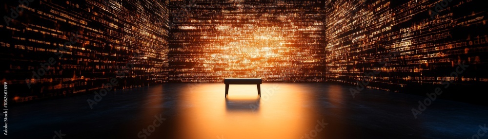 Poster a glowing table in a dark digital environment, illuminated by ambient light.