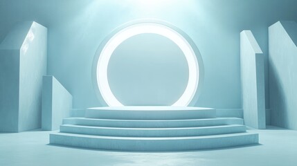 Fototapeta premium Abstract Minimalist Blue Platform with Circular Frame and Spotlight