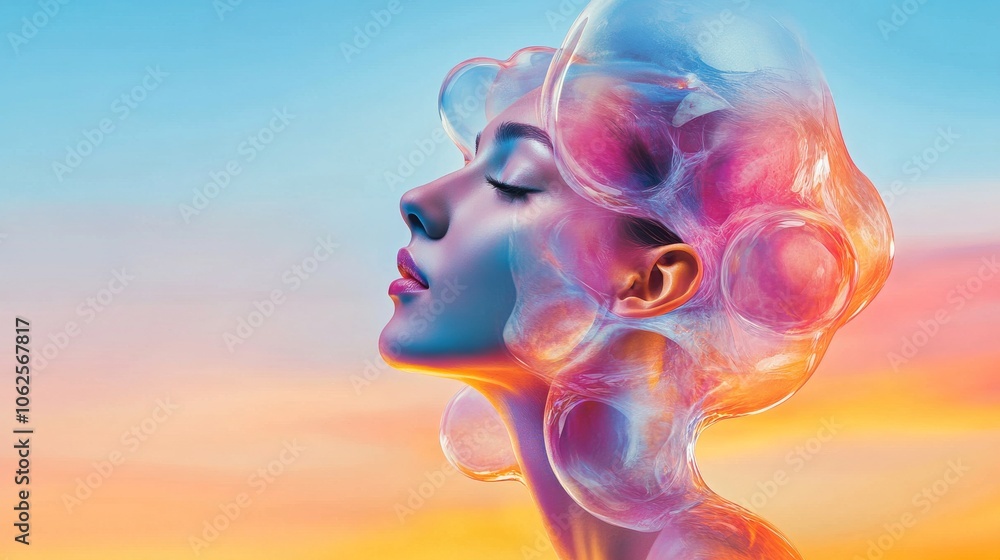 Poster abstract portrait with colorful bubbles and soft background.