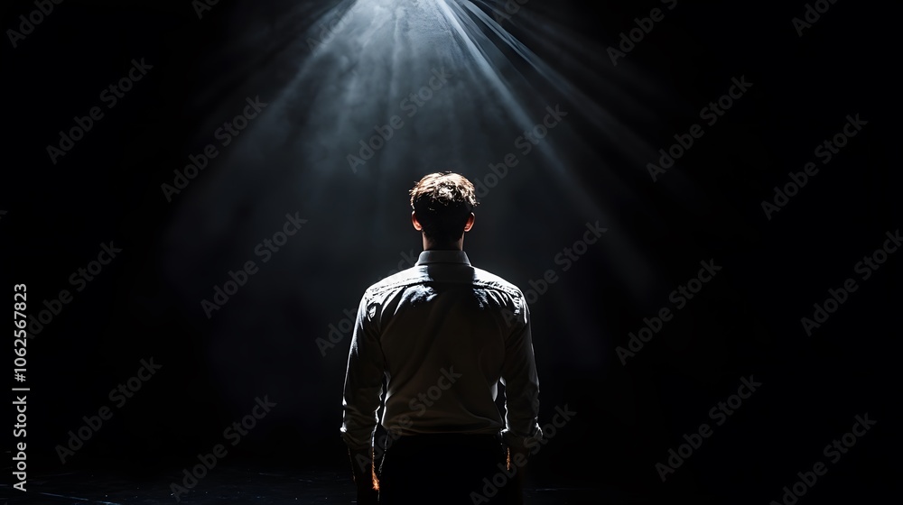 Leinwandbilder lifestyle photo of a man in a dark studio with a single overhead light, casting dramatic shadows and