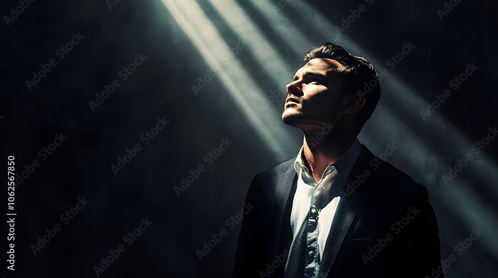 Leinwandbilder lifestyle photo of a man in a dark studio with a single overhead light, casting dramatic shadows and