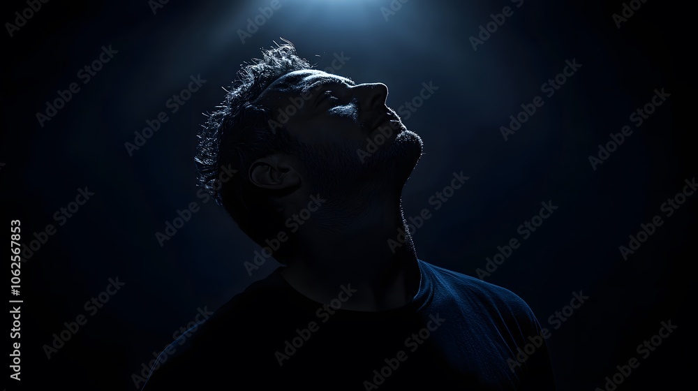 Leinwandbilder lifestyle photo of a man in a dark studio with a single overhead light, casting dramatic shadows and