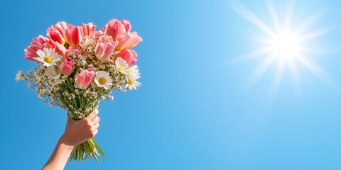 A bouquet of vibrant pink tulips and white daisies held high against a bright blue sky, symbolizing freshness, spring, and celebration.