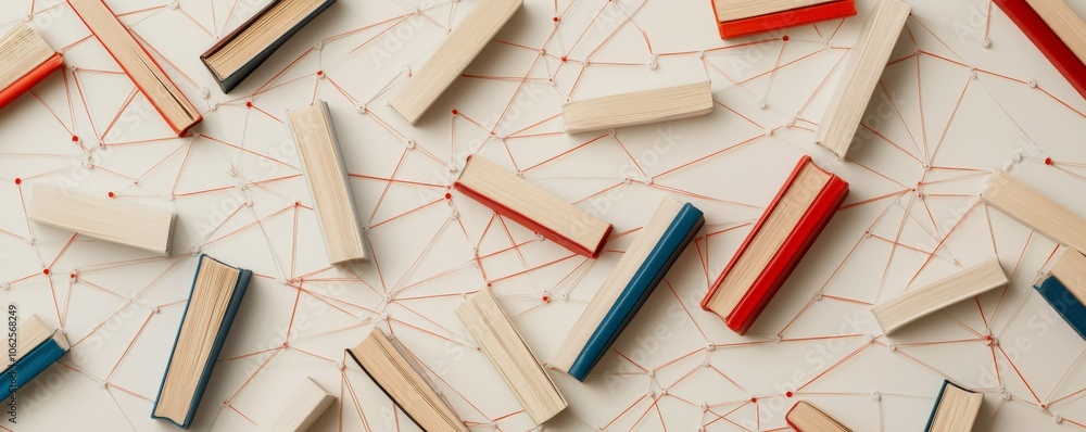 Poster colorful books scattered on a textured surface, creating a dynamic visual.