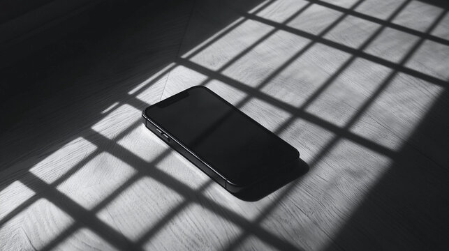 A smartphone cell phone lays in the shadow of a jail cell bars