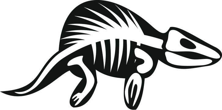 Lystrosaurus fossil skeleton walking, black and white illustration