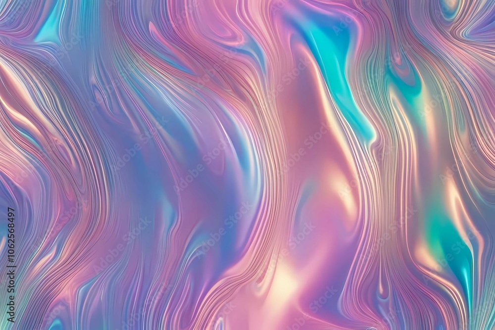 Poster dynamic 90s retro background with flowing holographic colors, shiny textures, and elegant curves