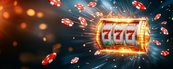 Colorful slot machine with glowing lights and flying chips in a casino atmosphere.