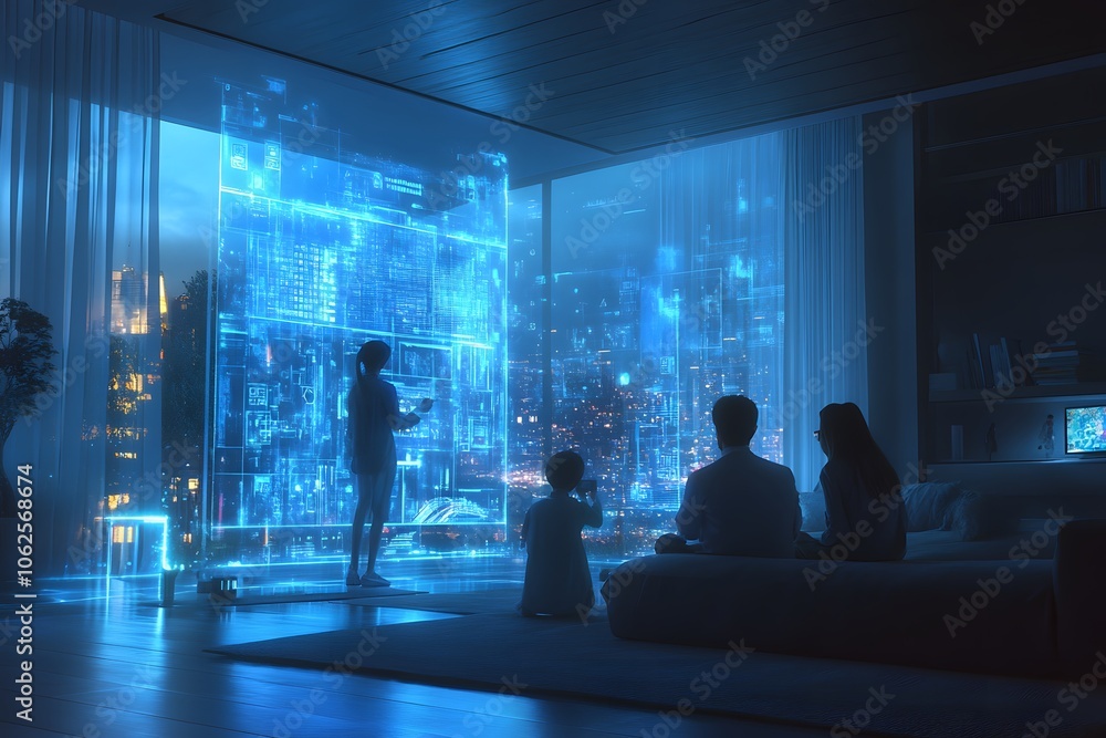 Poster Lifestyle photo of a family using virtual interfaces to control energy consumption in a high-tech, eco-friendly home, 4k resolution