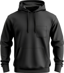 Black hoodie with front pocket and drawstrings on transparent background