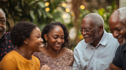 Fototapeta premium Seniors enjoying a joyful gathering in a lush garden during an evening celebration