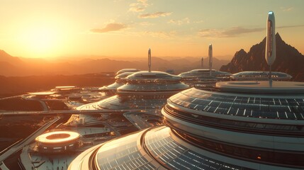 Drone photography of a sci-fi solar farm with panels that track the sun, generating power for a surrounding futuristic community, 4k resolution