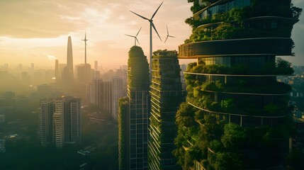 Drone photography of a futuristic sustainable city with green skyscrapers covered in vegetation and wind turbines, 4k resolution