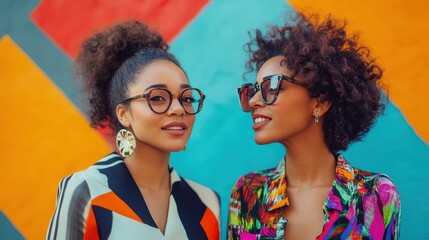 Obraz premium two women dressed in expressive, stylish clothing, asking the other a question