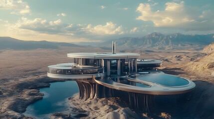 Drone photography of a sci-fi inspired luxury mansion, with metallic structures and floating platforms over a vast desert, 4k resolution