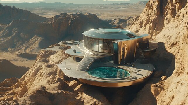 Drone photography of a sci-fi inspired luxury mansion, with metallic structures and floating platforms over a vast desert, 4k resolution