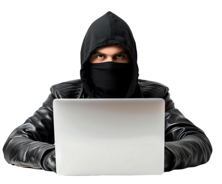 Isolated Hacker Figure with Laptop on Transparent Background