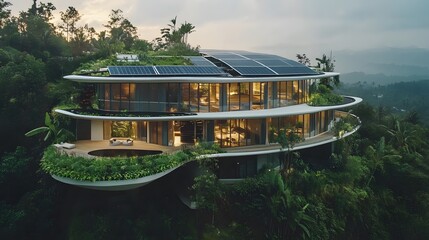 Drone photography of a luxury eco-villa with translucent solar panels and gravity-defying balconies, set in a lush landscape, 4k resolution