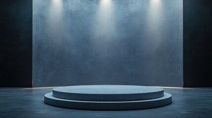 A Concrete Platform with Two Circular Tiers Against a Blue Wall with Three Lights