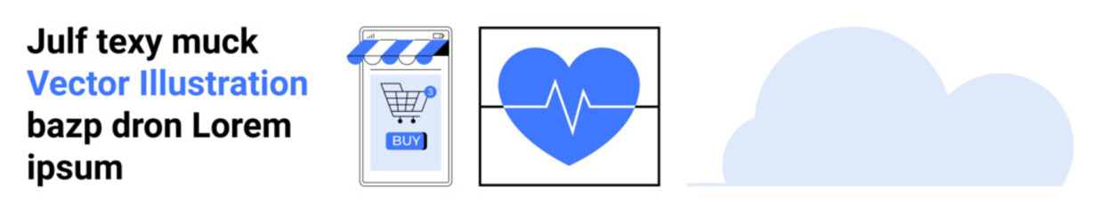 Heart monitor icon inside blue heart, mobile device with shopping cart and bluewhite striped awning, cloud. Ideal for healthcare apps, e-commerce sites, technology services, medical websites, online