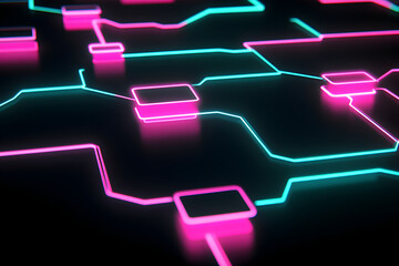 Neon wireframe flow chart illustration isolated on black background.