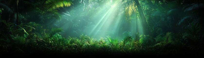 Obraz premium Lush Green Jungle with Sunlight Rays Tropical Rainforest Nature Background