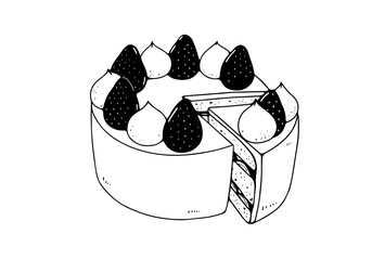 カット面のある苺のショートケーキの線画