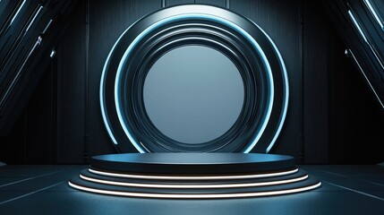 Naklejka premium Futuristic Platform With Circular Neon Light Frame