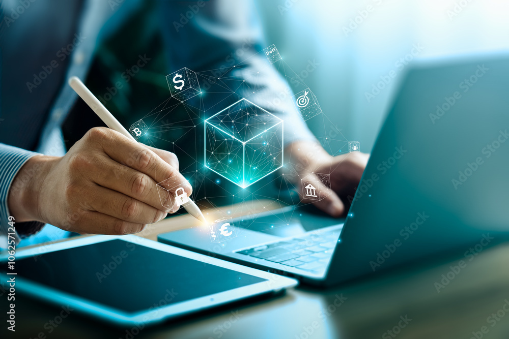 Poster blockchain technology concept, revolutionizing industries, exploring the boundless potential of bloc