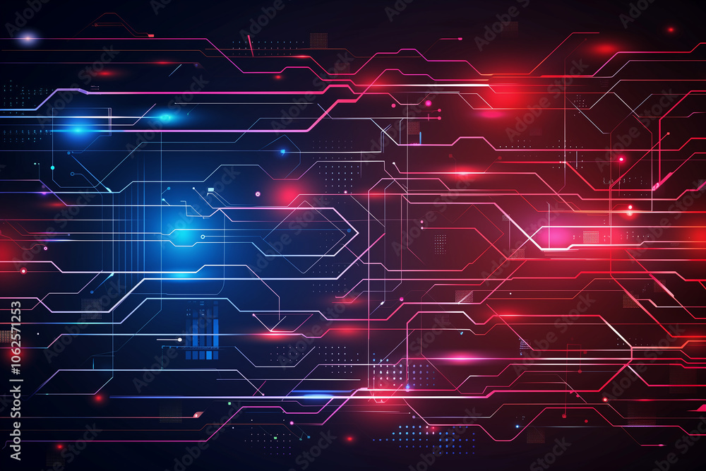 Poster advanced tech background with red and blue holographic hud elements, cascading coding lines, and glo