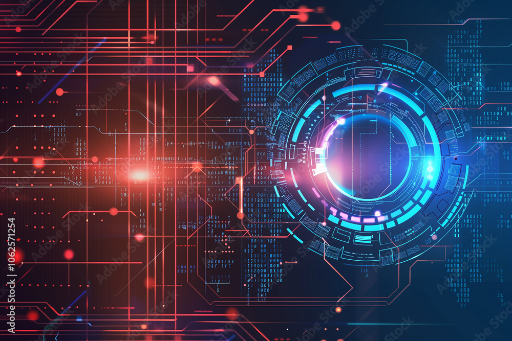 Poster advanced tech background with red and blue holographic hud elements, cascading coding lines, and glo