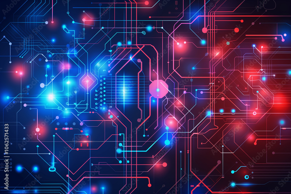 Poster advanced tech background with red and blue holographic hud elements, cascading coding lines, and glo