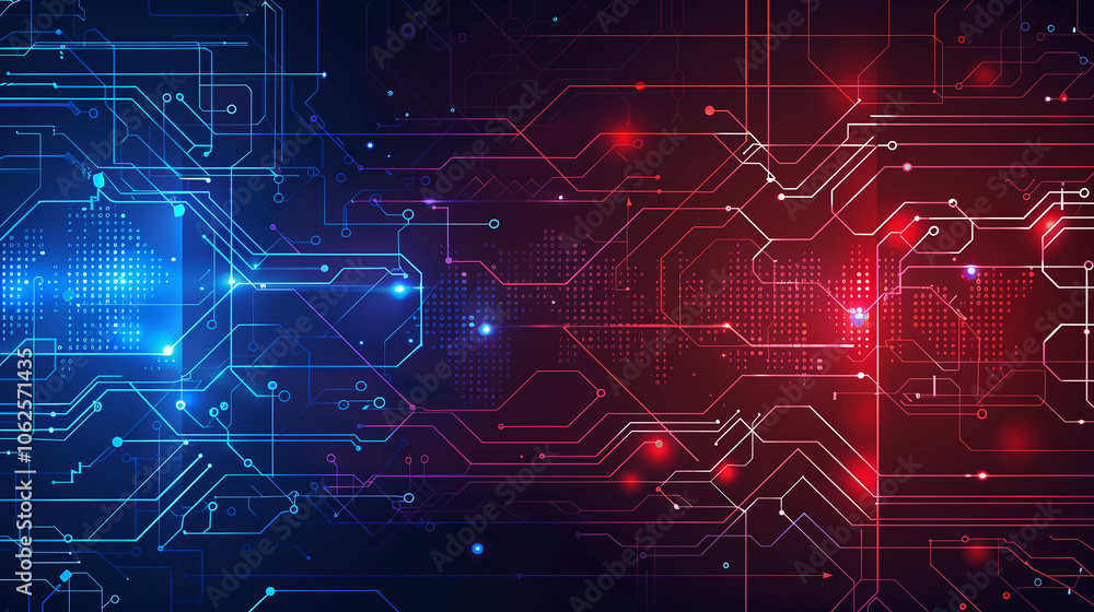 Poster advanced tech background with red and blue holographic hud elements, cascading coding lines, and glo