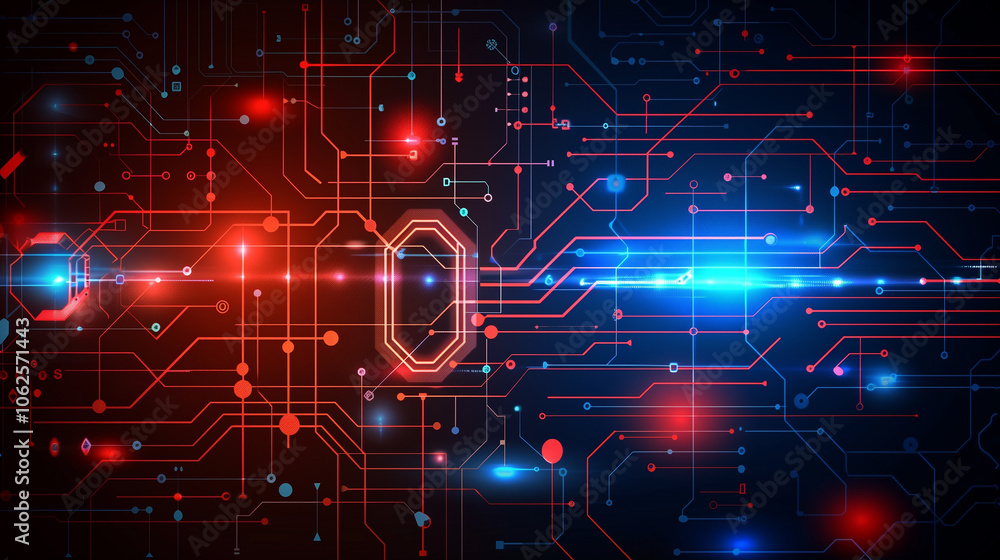 Poster advanced tech background with red and blue holographic hud elements, cascading coding lines, and glo